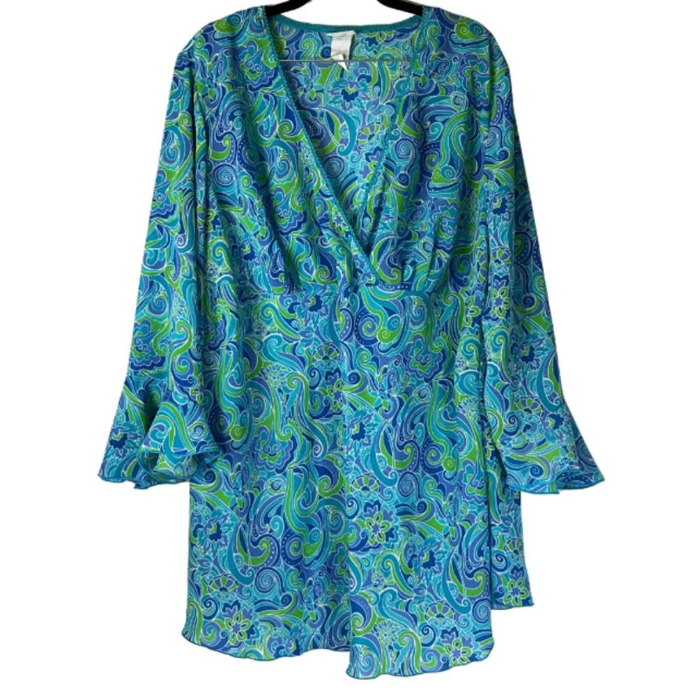 Vintage Studio C Blue Green Paisley Deep V Ruffle Long Sleeve Tunic Plus 18/20